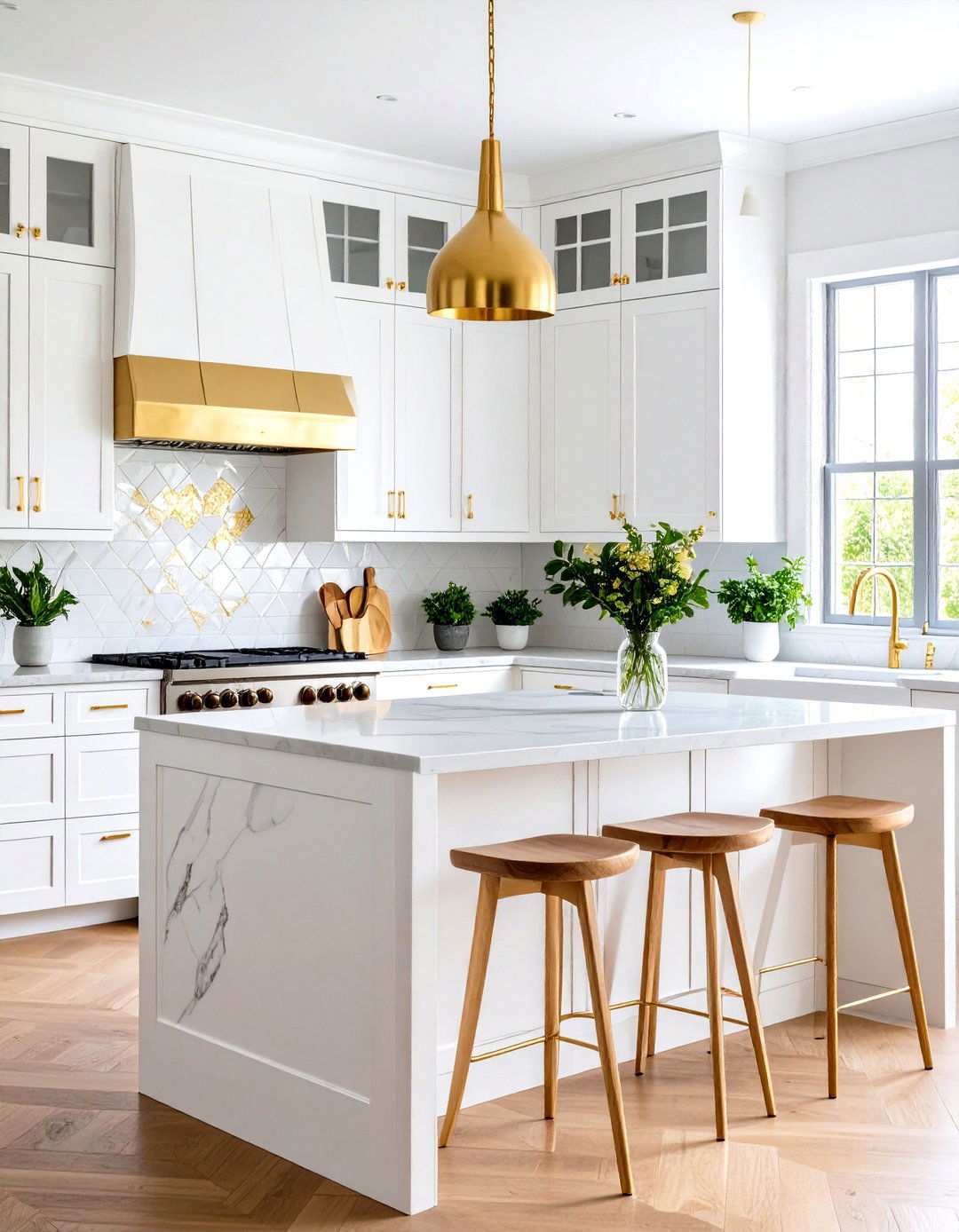 White Ceramic Tiles with Hand Applied Gold Leaf Accents - 24 White and Gold Kitchen Backsplash Ideas