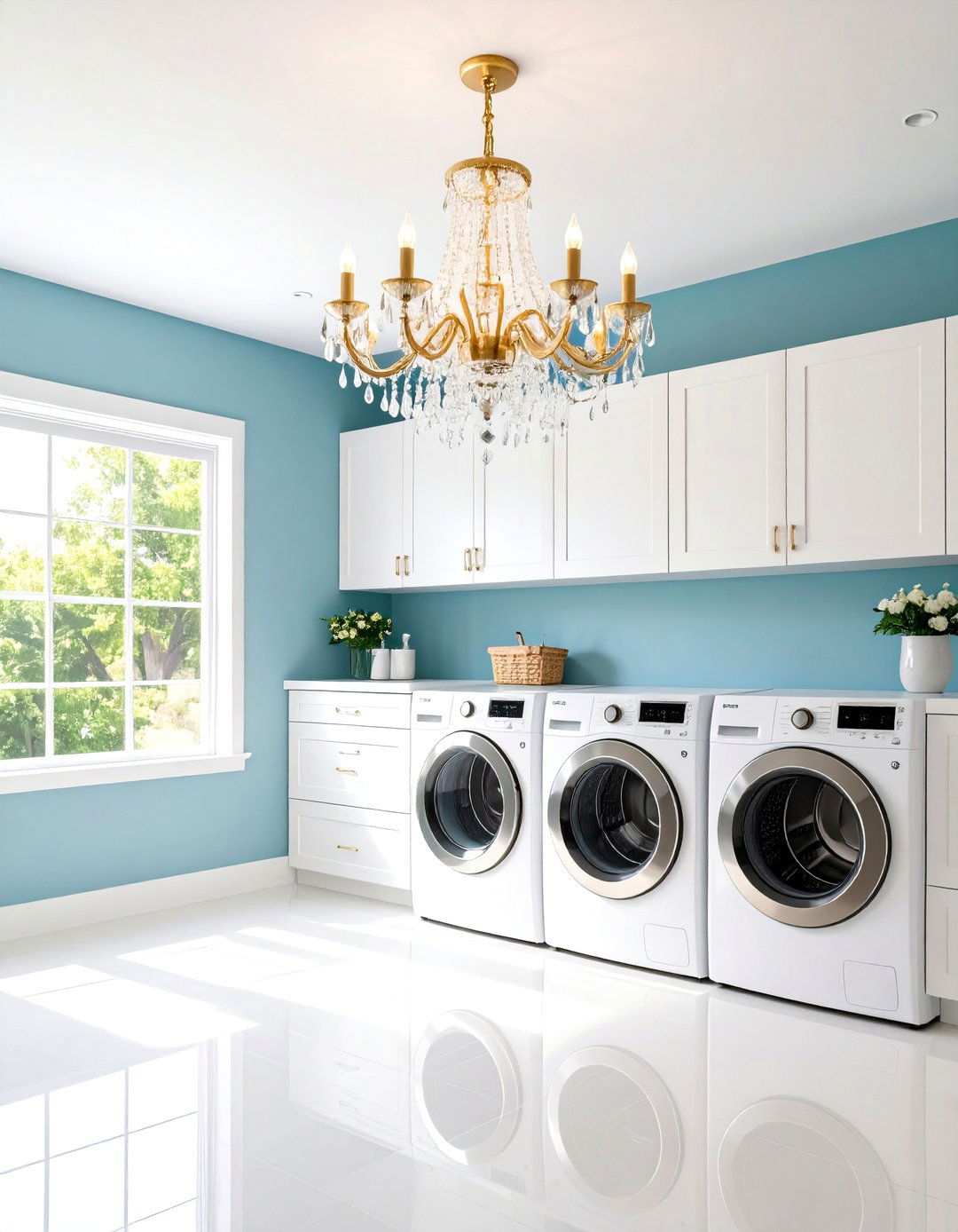 White Chandelier Statement Lighting - 24 White Laundry Room Ideas