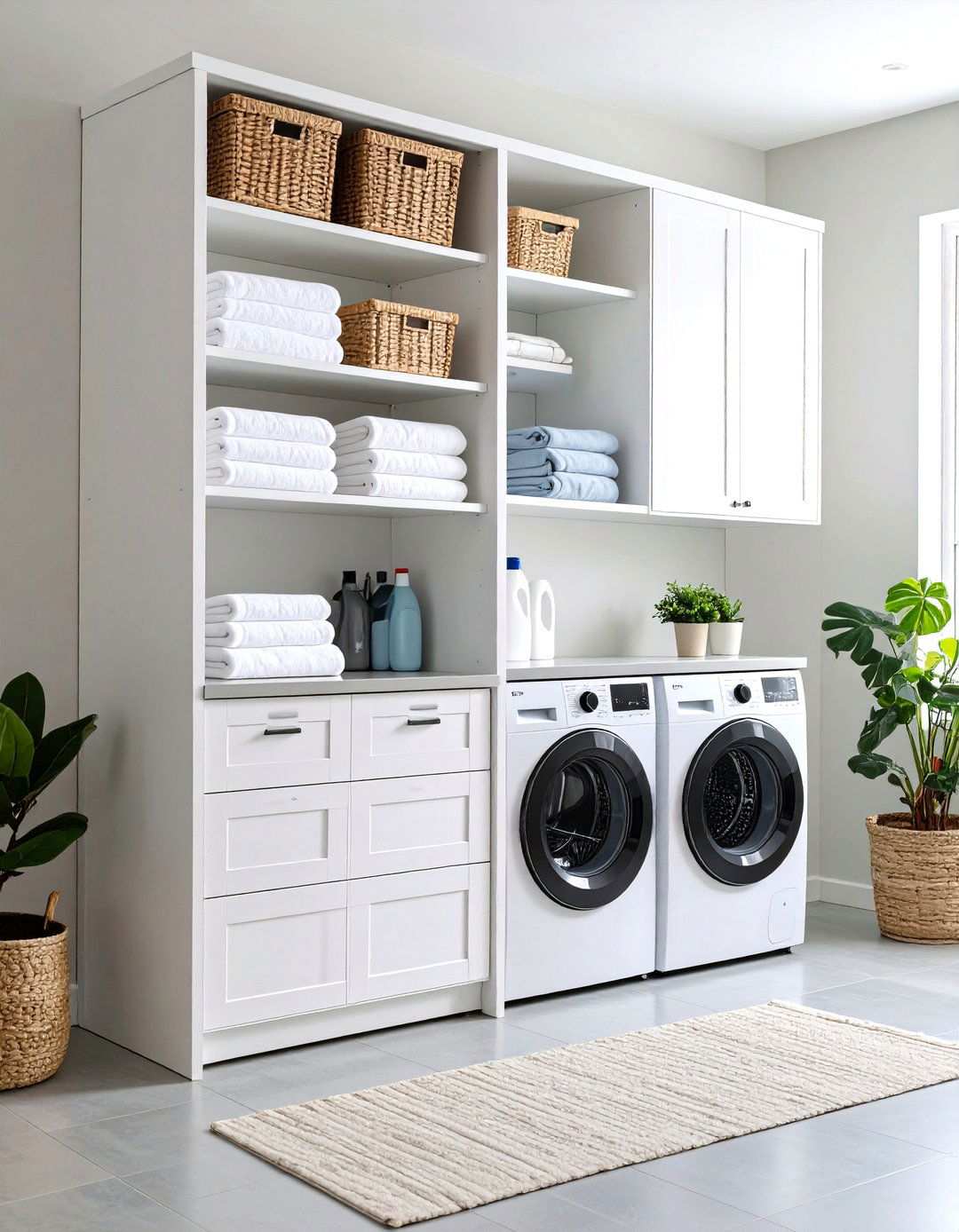 White Corner Storage Tower - 24 White Laundry Room Ideas