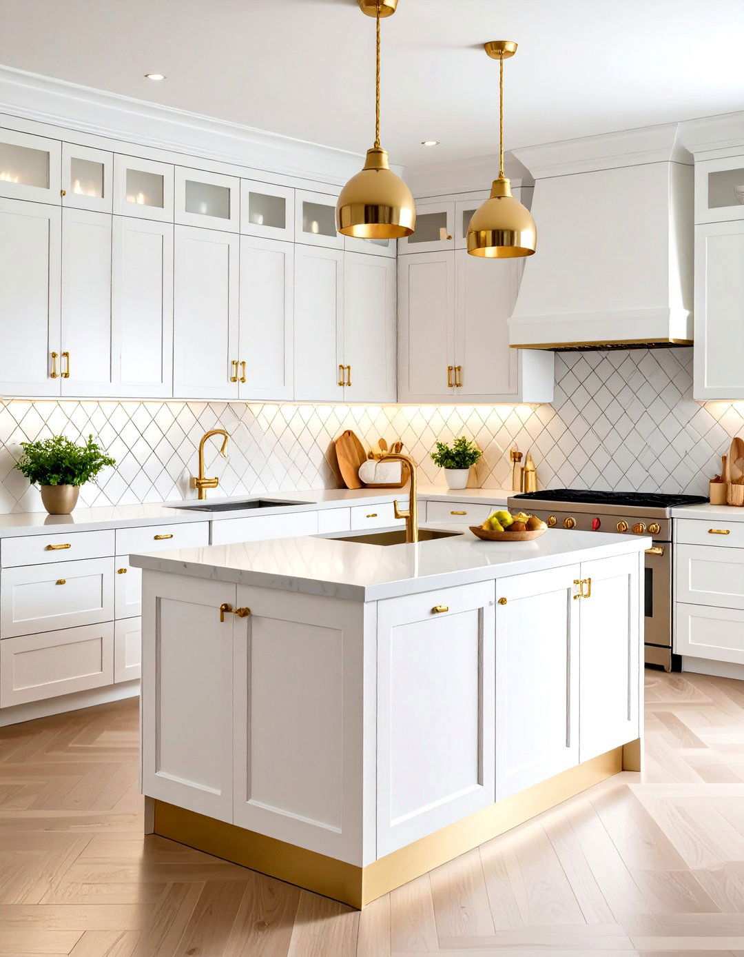 White Diamond Pattern Tiles with Gold Center Medallions - 24 White and Gold Kitchen Backsplash Ideas