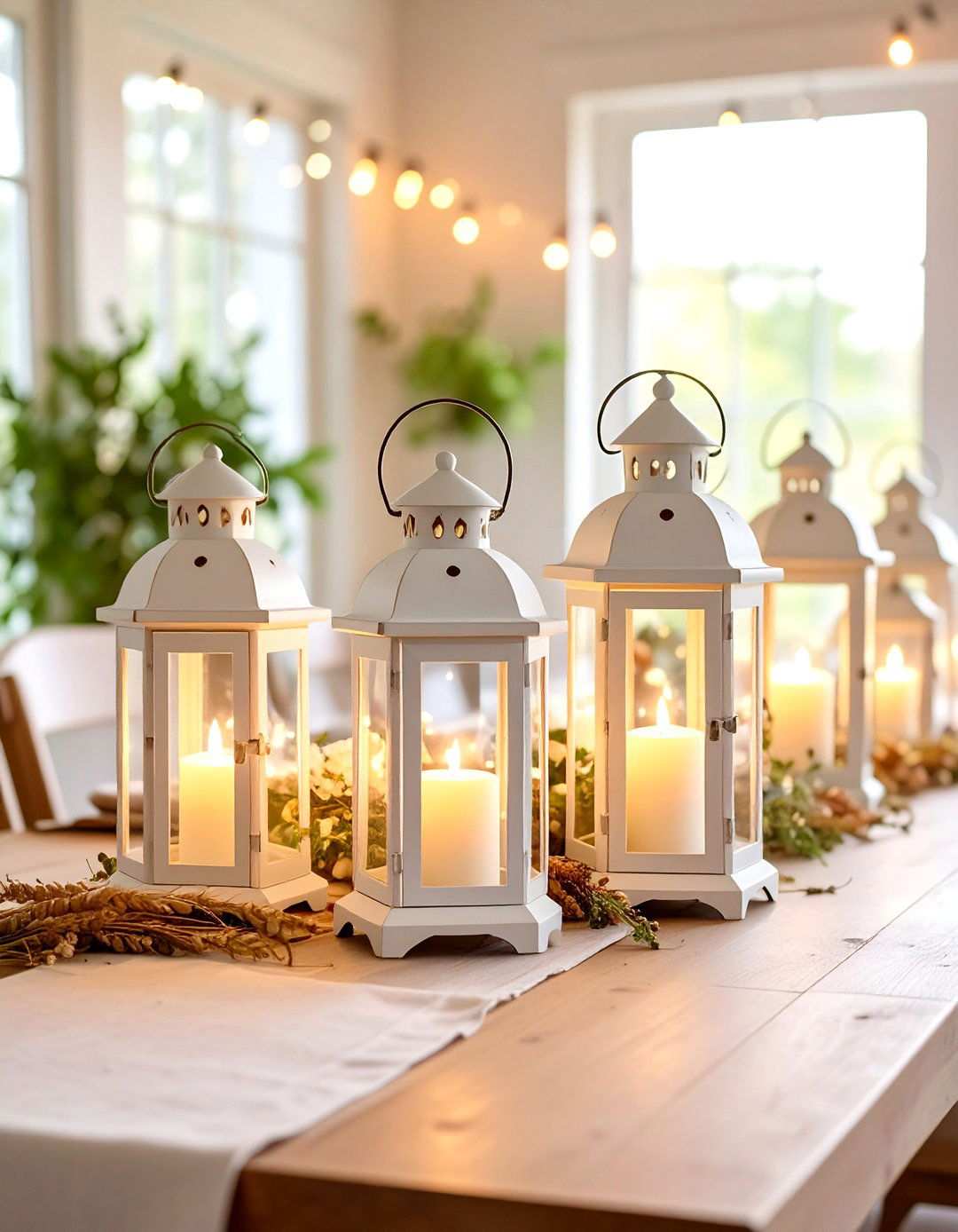 White Farmhouse Lanterns with Fairy Light Magic - 24 Lantern Centerpiece Ideas