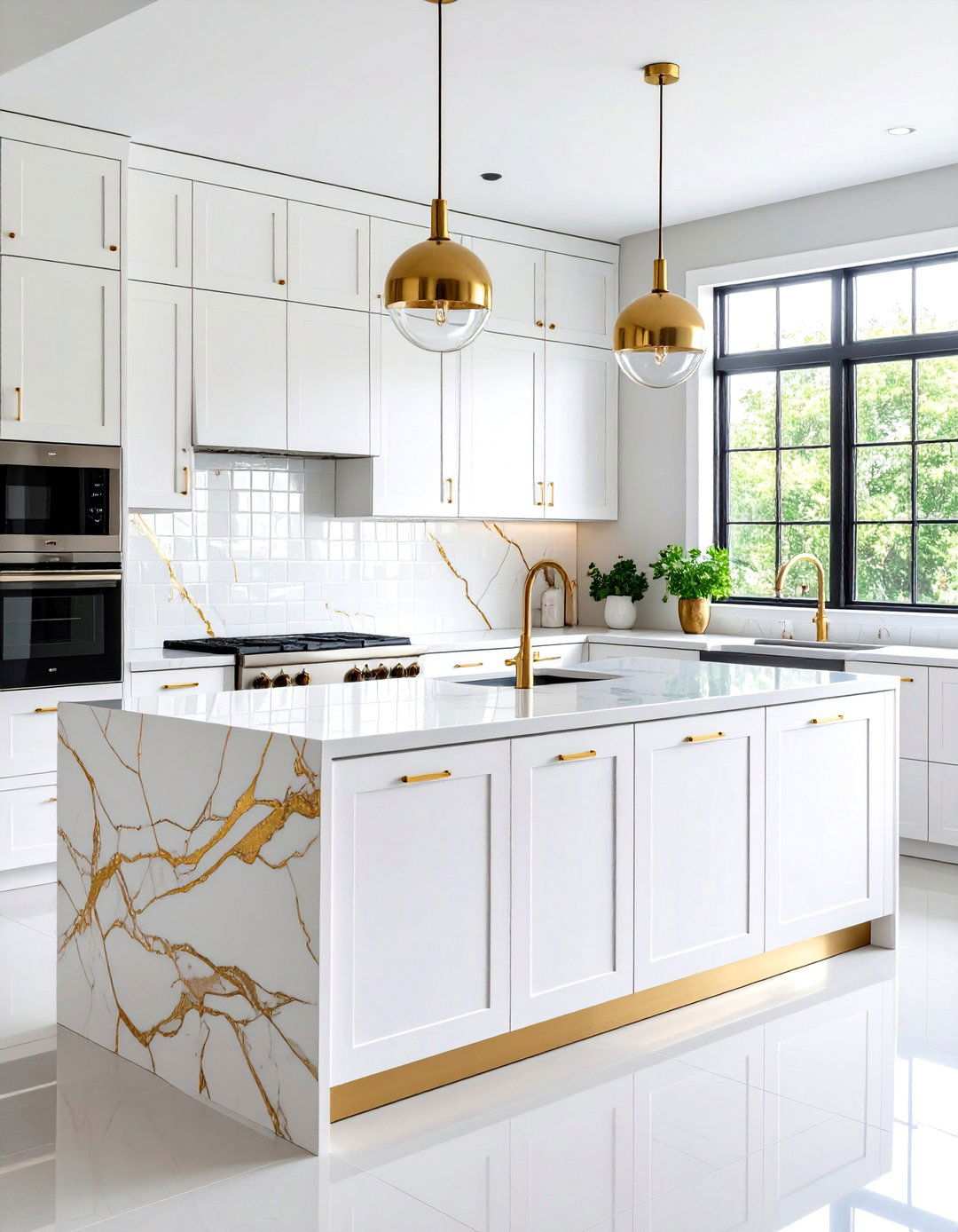 White Glass Subway Tiles with Gold Veining - 24 White and Gold Kitchen Backsplash Ideas