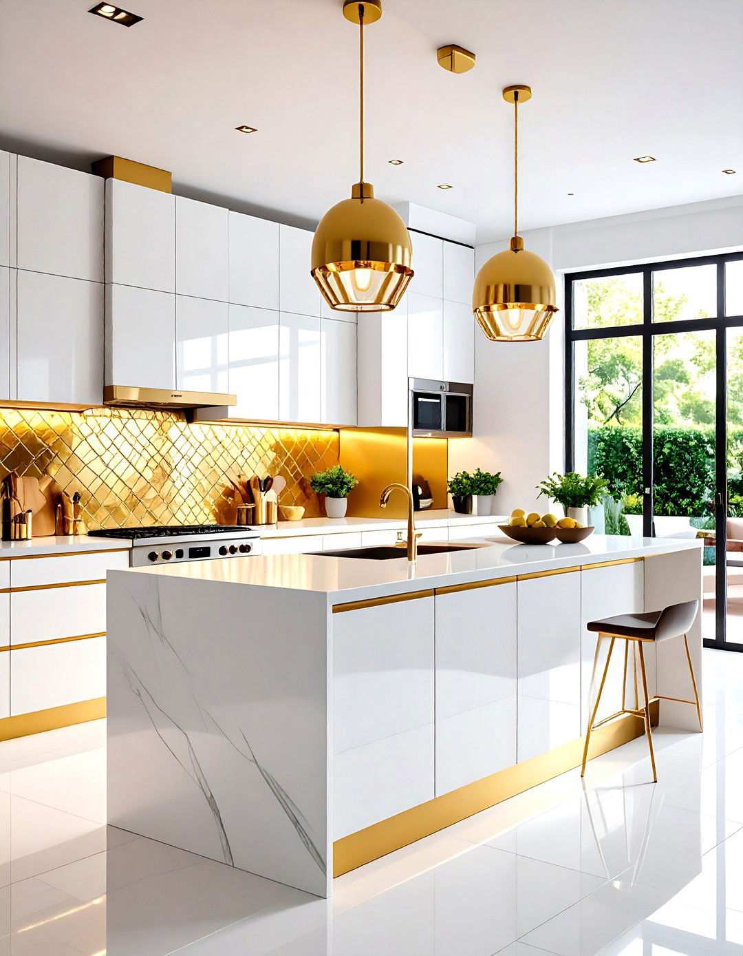 White Glass Tiles with Integrated Gold Metallic Finish - 24 White and Gold Kitchen Backsplash Ideas