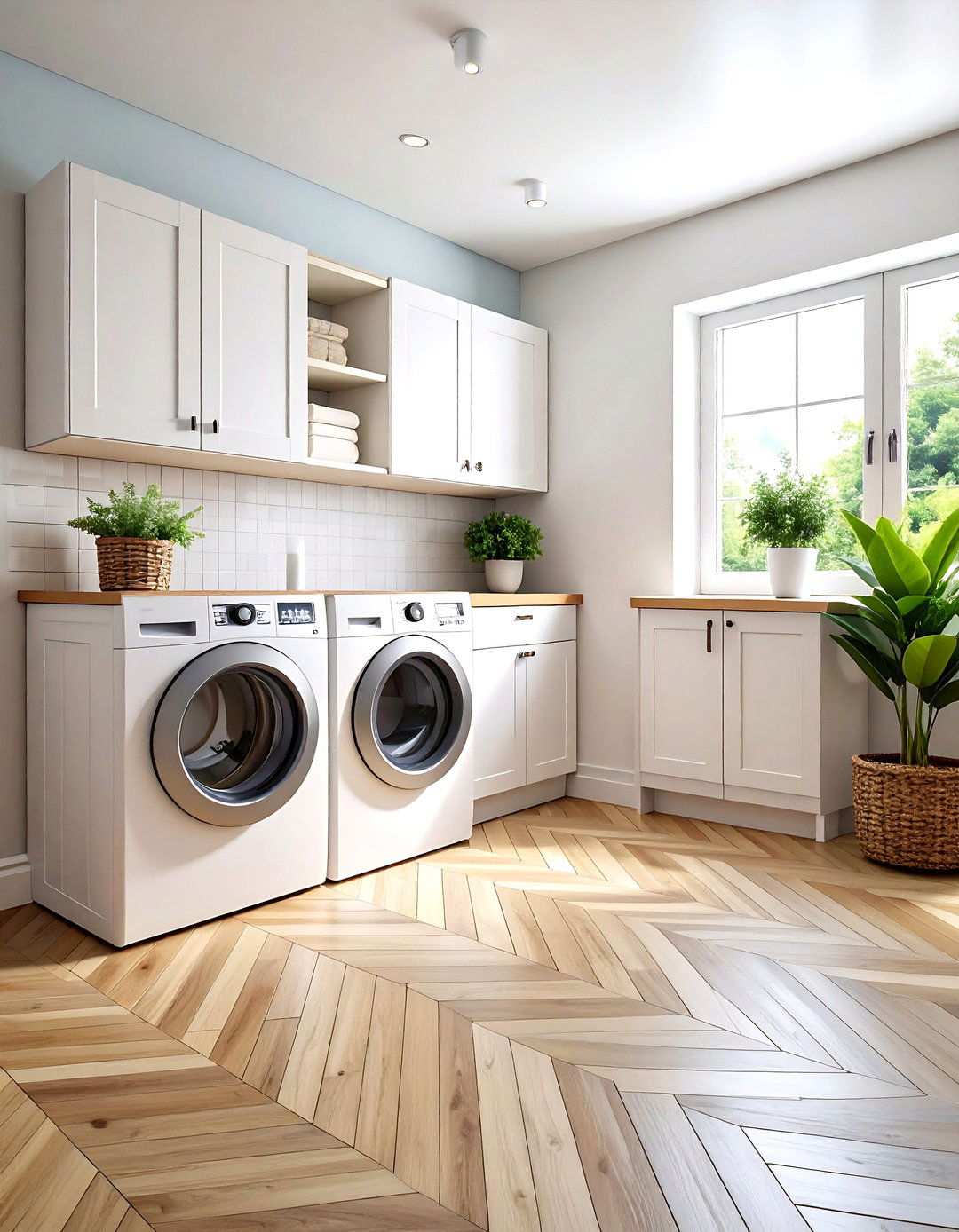 White Herringbone Wood Floors - 24 White Laundry Room Ideas