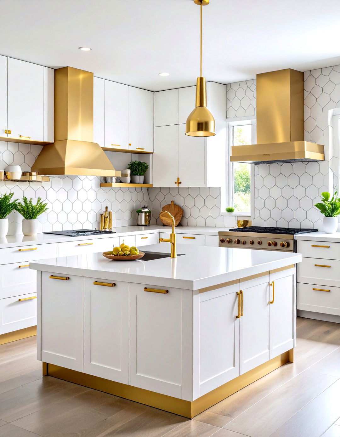 White Hexagon Tiles with Gold Metal Accent Strips - 24 White and Gold Kitchen Backsplash Ideas