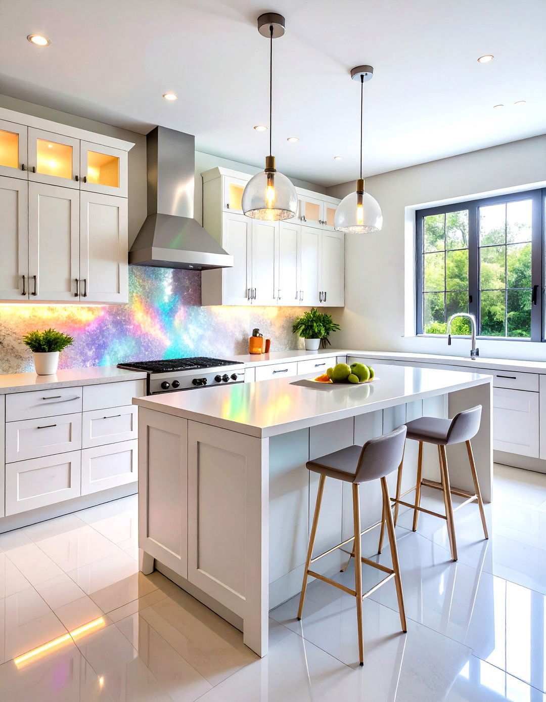 White Iridescent Glass - 24 White Kitchen Backsplash Ideas