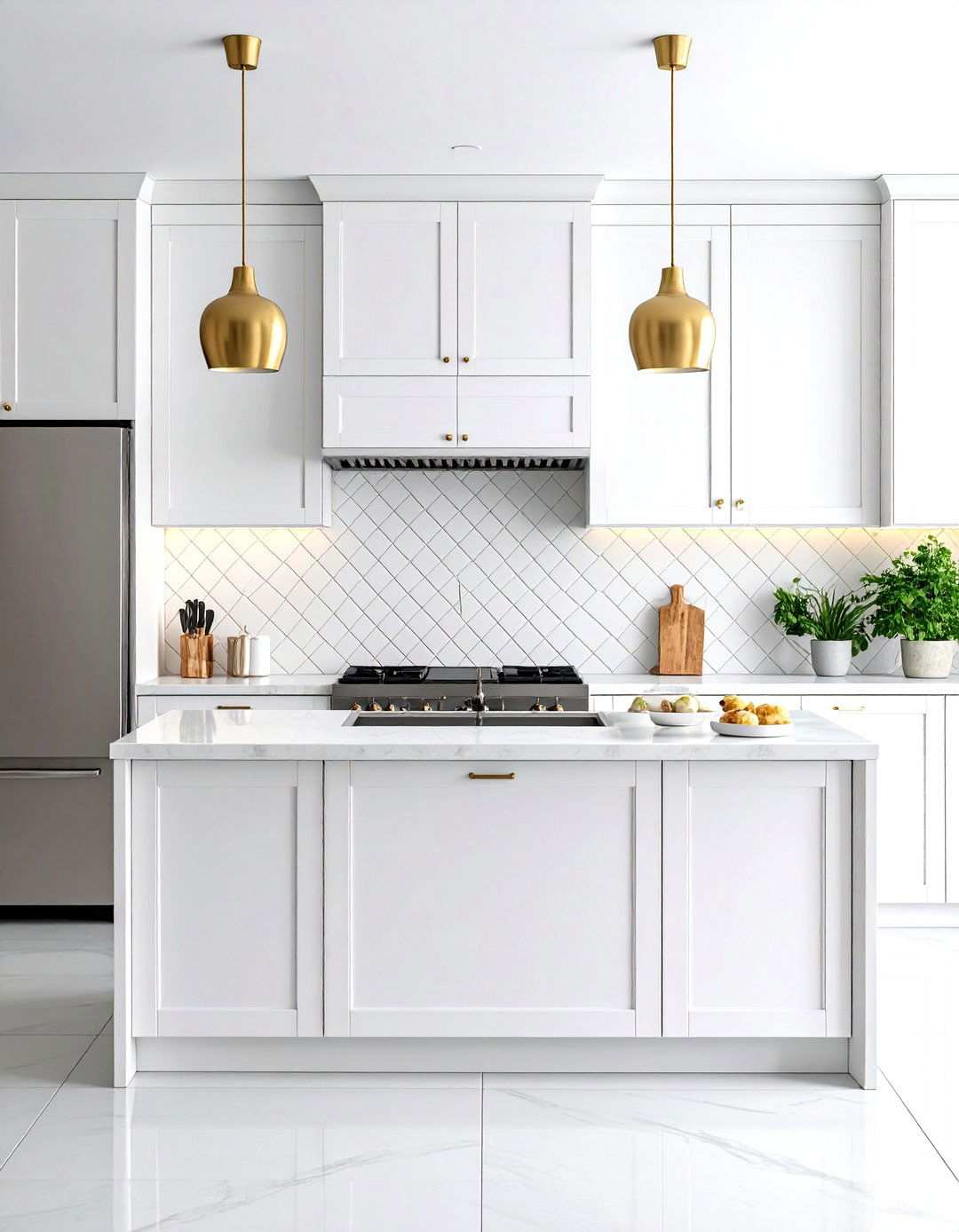 White Kitchen with Ceramic Tile Backsplash and Stainless Steel Suite - 24 White Kitchen with Stainless Steel Appliances Ideas