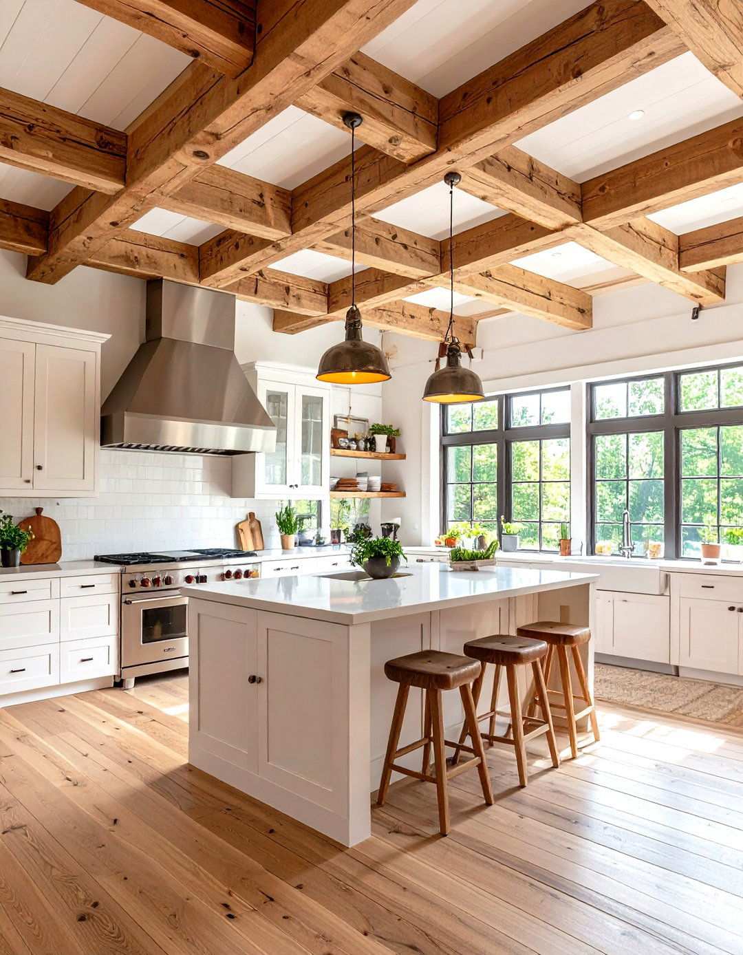 White Kitchen with Exposed Wood Beams and Stainless Steel Range Hood - 24 White Kitchen with Stainless Steel Appliances Ideas