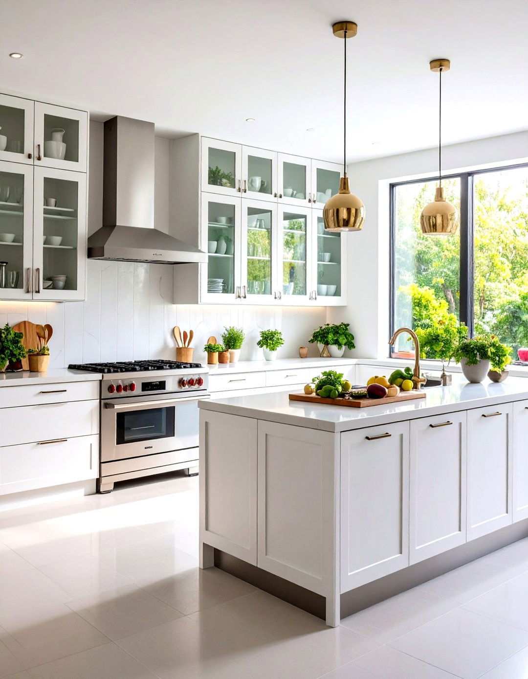 White Kitchen with Glass Front Cabinets and Stainless Steel Appliances - 24 White Kitchen with Stainless Steel Appliances Ideas