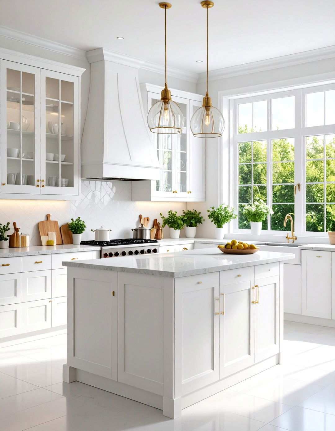 White Kitchen with Glass Front Upper Cabinets - 24 Small White Kitchen Ideas