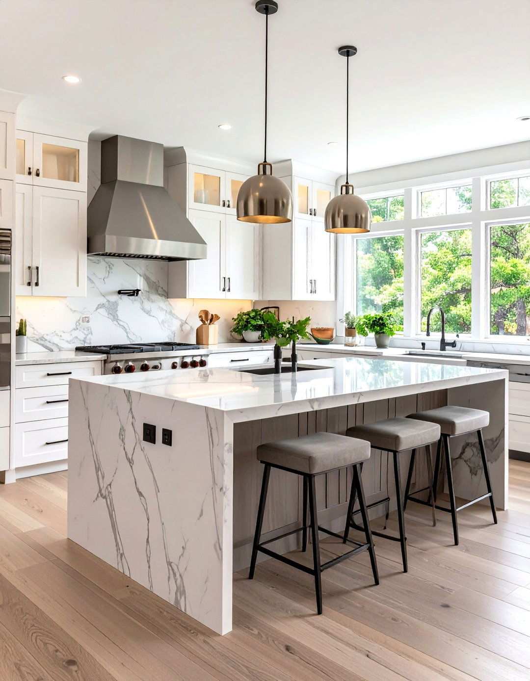 White Kitchen with Gray Quartz Island and Stainless Steel Range - 24 White Kitchen with Stainless Steel Appliances Ideas