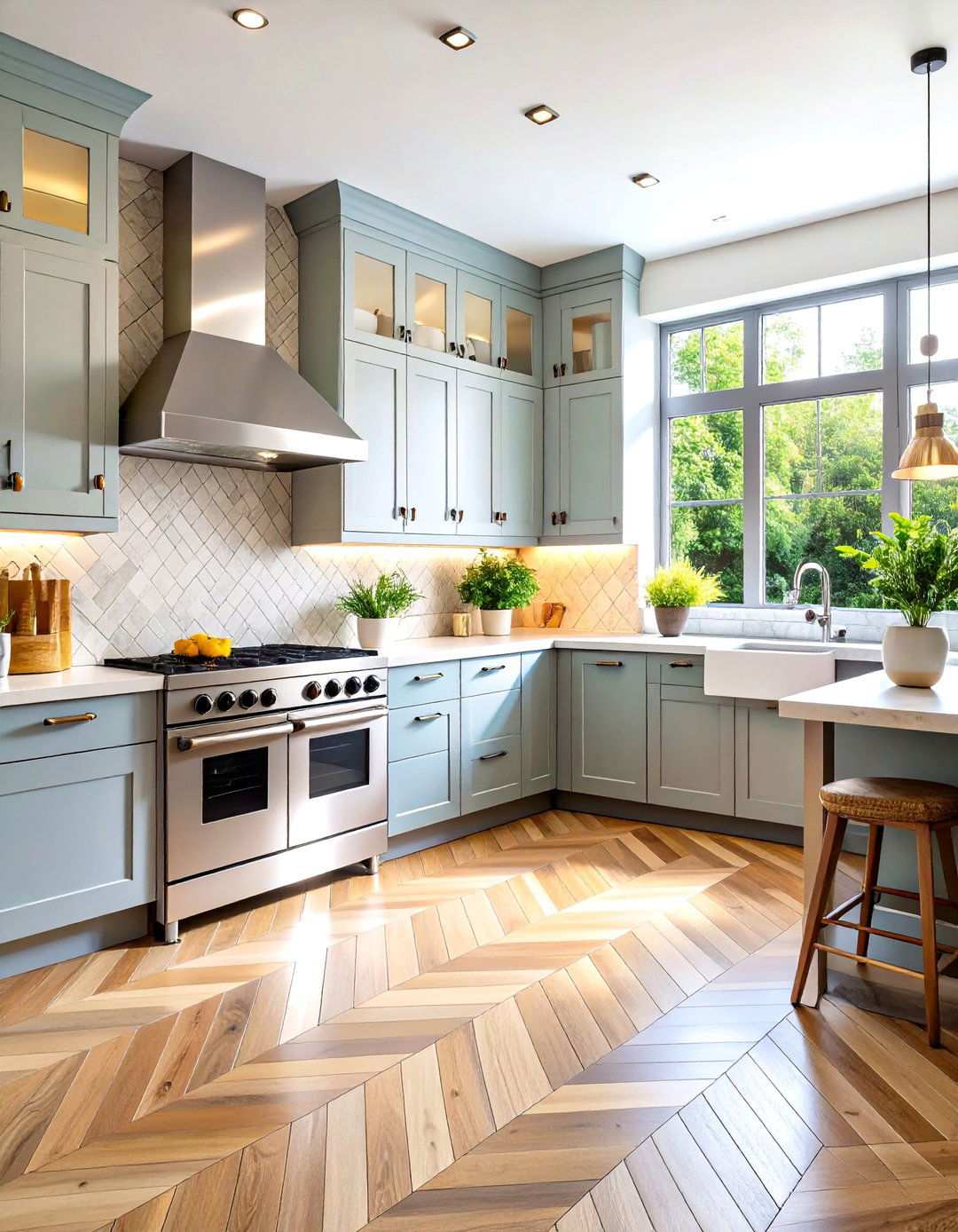 White Kitchen with Herringbone Tile Floor and Stainless Steel Appliances - 24 White Kitchen with Stainless Steel Appliances Ideas