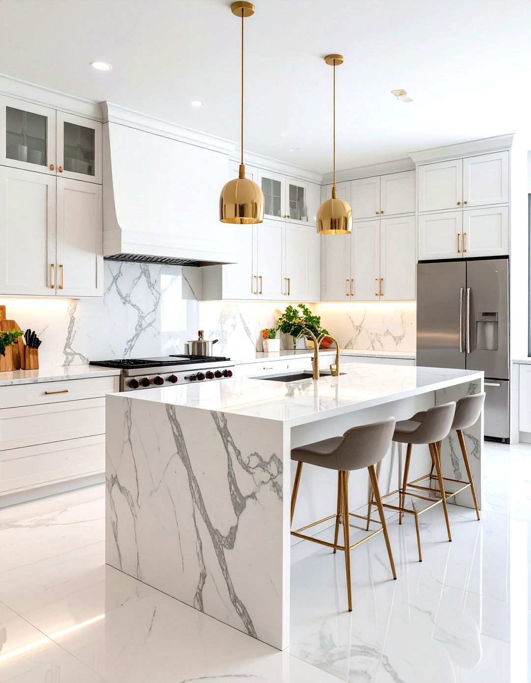 White Kitchen with Marble Slab Backsplash and Stainless Steel Appliances - 24 White Kitchen with Stainless Steel Appliances Ideas