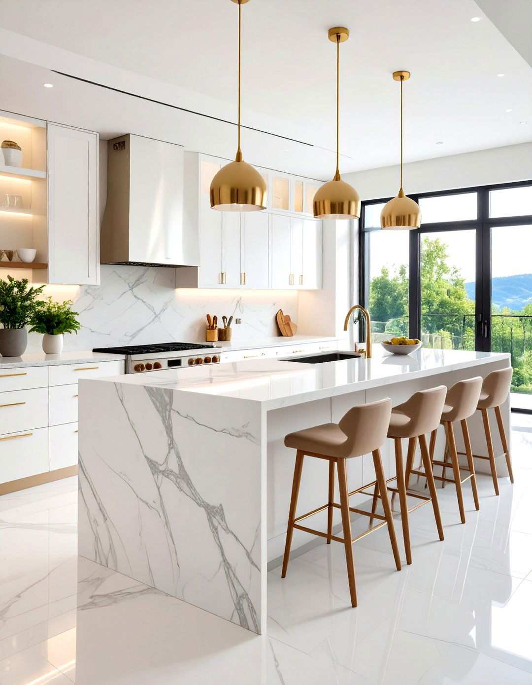 White Kitchen with Marble Waterfall Island - 24 Small White Kitchen Ideas