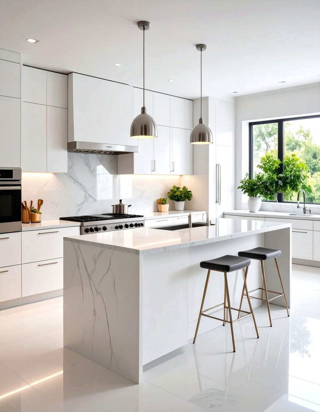 White Kitchen with Quartz Countertops and Stainless Steel Backsplash - 24 White Kitchen with Stainless Steel Appliances Ideas