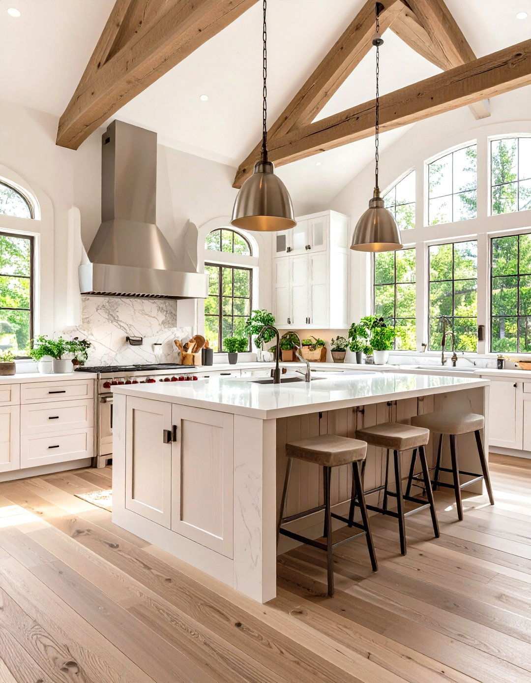 White Kitchen with Vaulted Ceiling and Stainless Steel Pendant Lighting - 24 White Kitchen with Stainless Steel Appliances Ideas