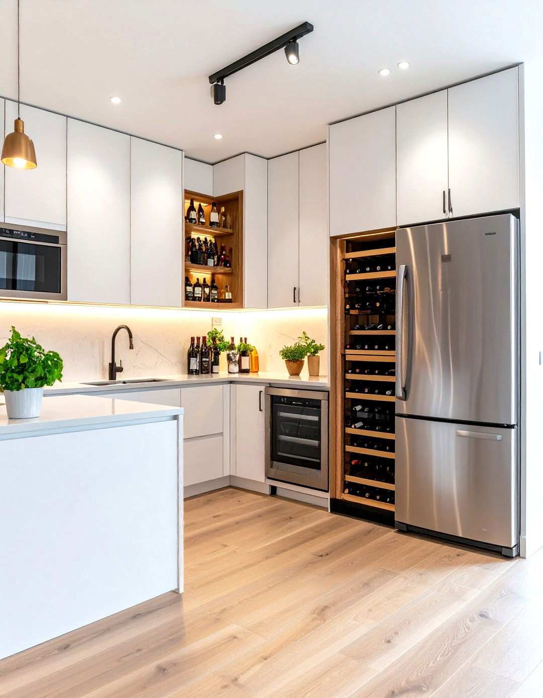 White Kitchen with Wine Storage and Stainless Steel Wine Refrigerator - 24 White Kitchen with Stainless Steel Appliances Ideas