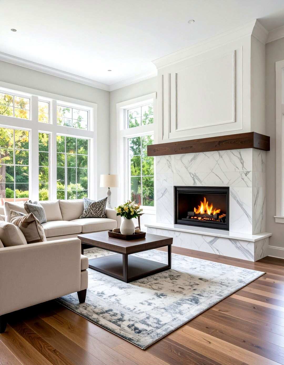White Marble and Dark Wood Combination - 24 White Stone Fireplace Ideas
