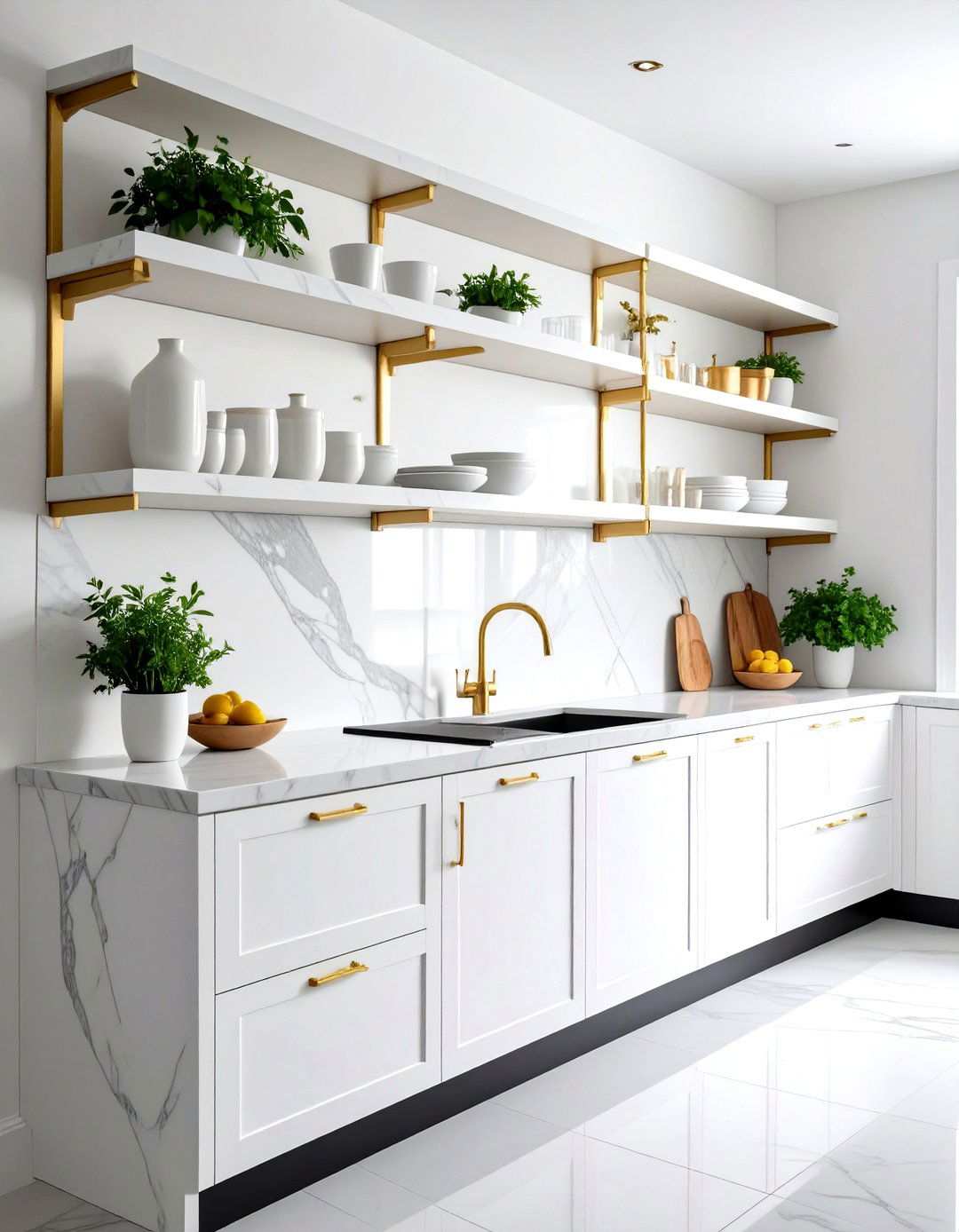 White Marble Floating Shelves - 24 Open Shelving Kitchen Ideas