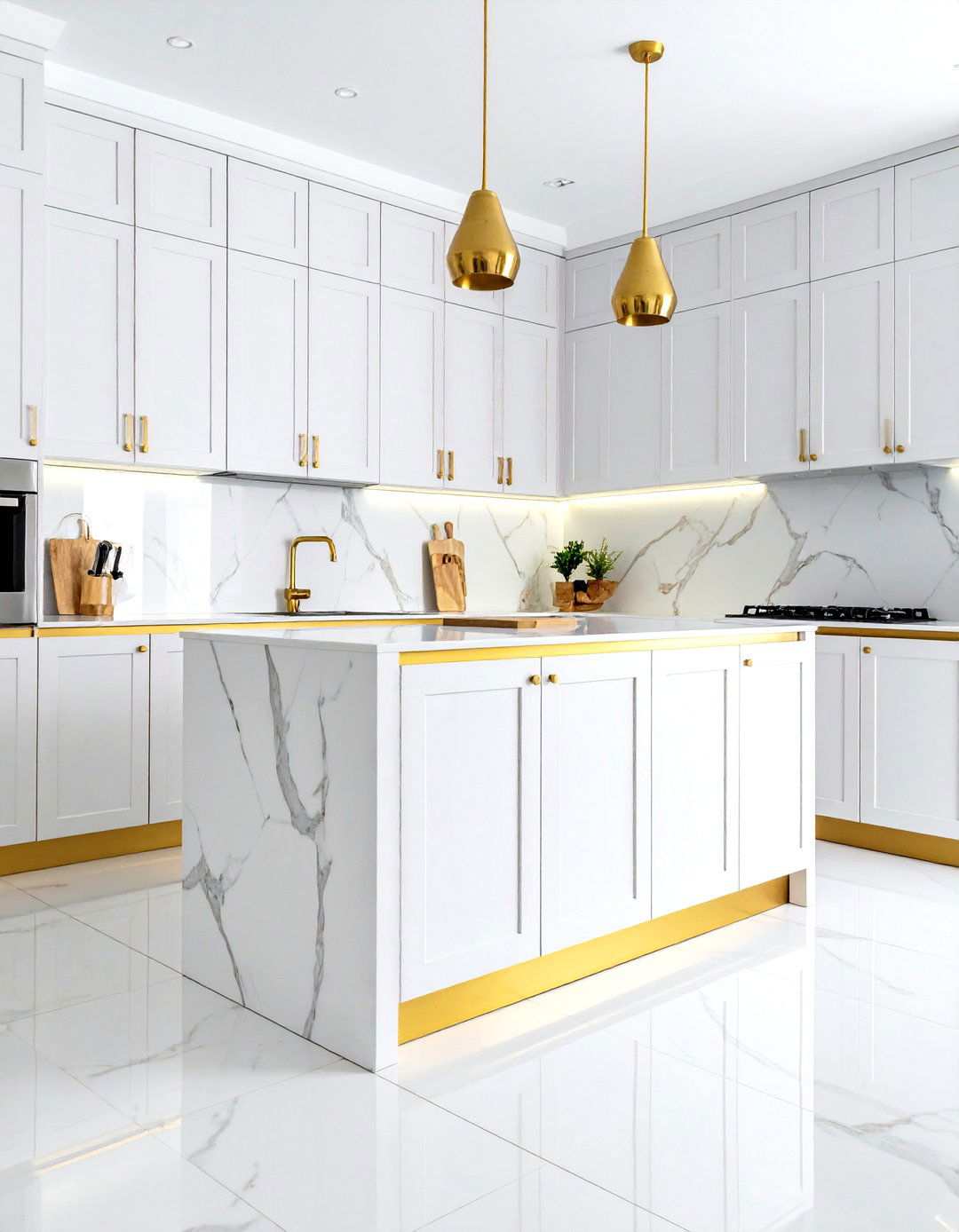 White Marble Picket Tiles with Gold Detail Accents - 24 White and Gold Kitchen Backsplash Ideas