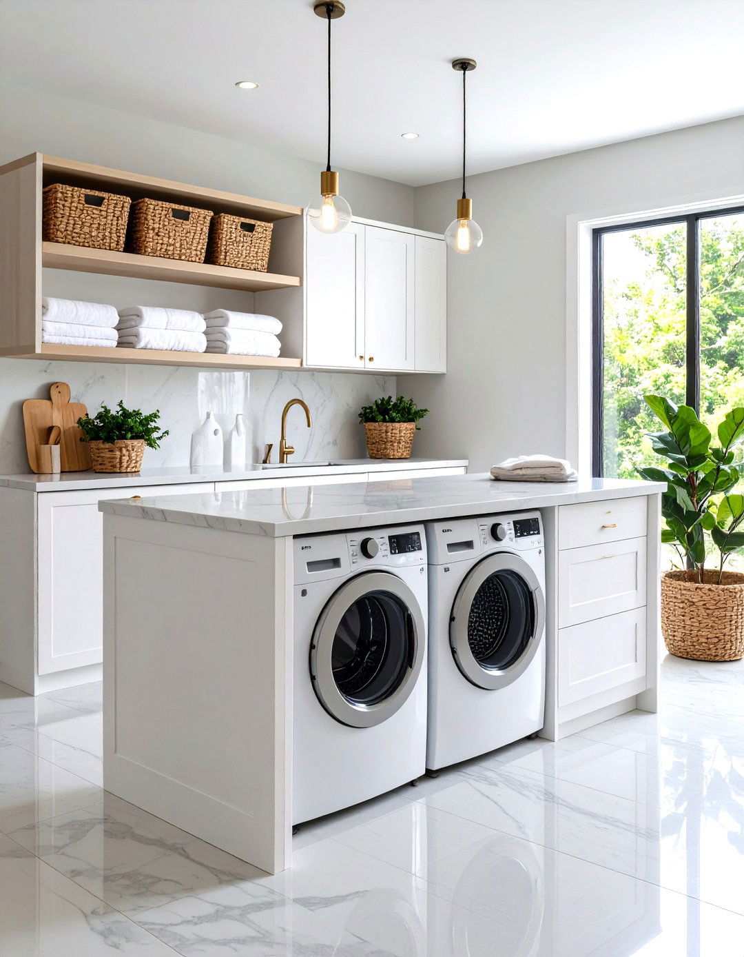 White Multi Level Island Design - 24 White Laundry Room Ideas
