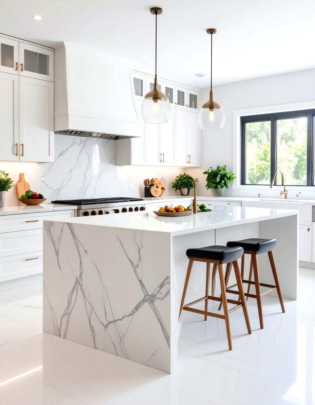 White Natural Stone Slab - 24 White Kitchen Backsplash Ideas