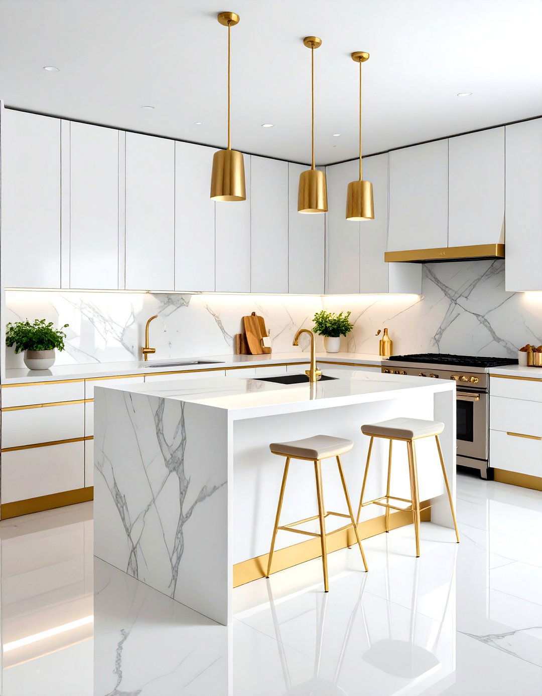 White Natural Stone with Gold Metal Strip Accents - 24 White and Gold Kitchen Backsplash Ideas