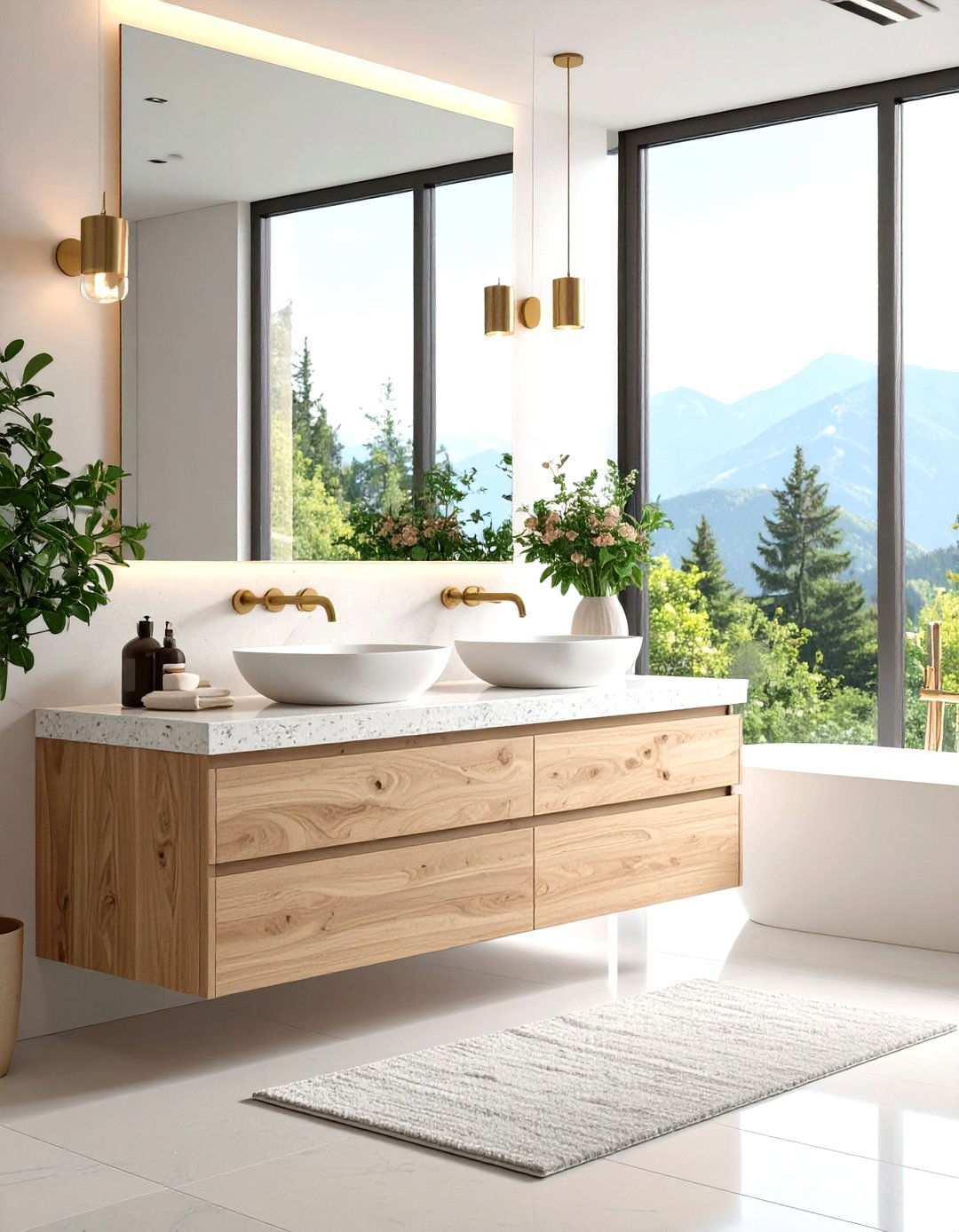 White Oak Floating Vanity with Natural Stone - 24 Scandinavian Bathroom Ideas