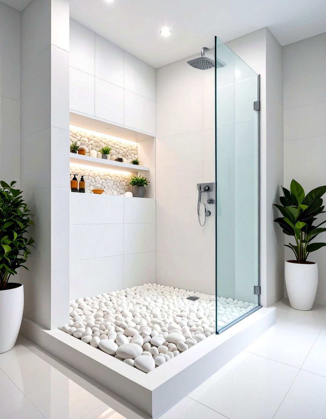 White Pebble Shower Niche Feature - 24 Pebble Tile Bathroom Ideas