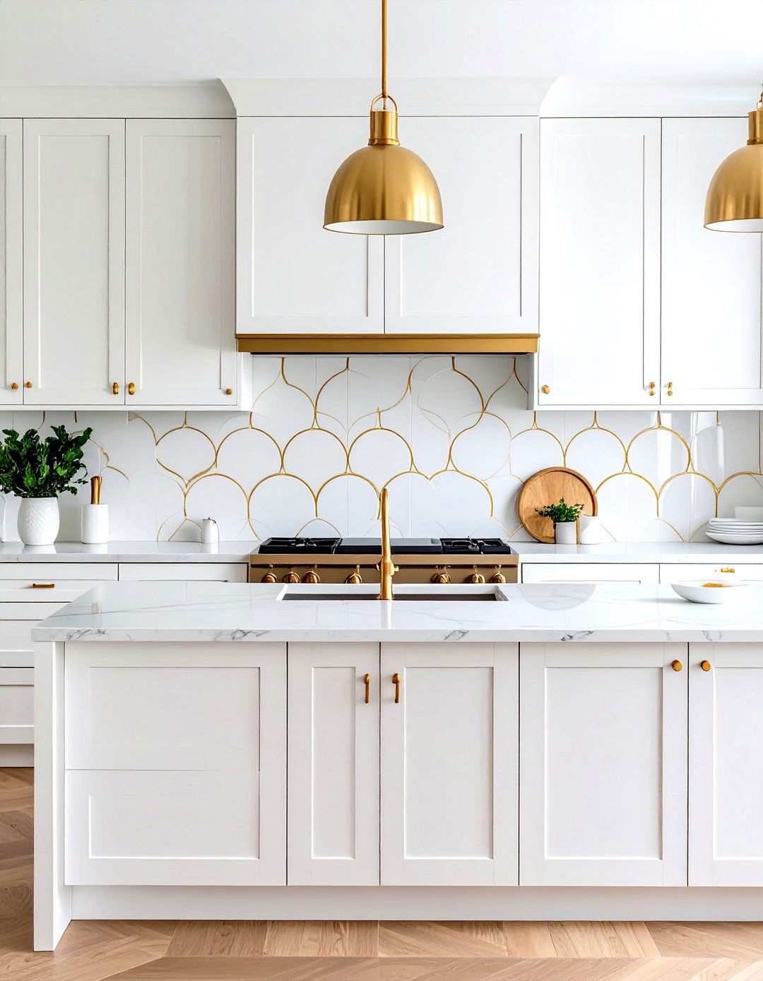 White Penny Round Tiles with Gold Outline Detailing - 24 White and Gold Kitchen Backsplash Ideas