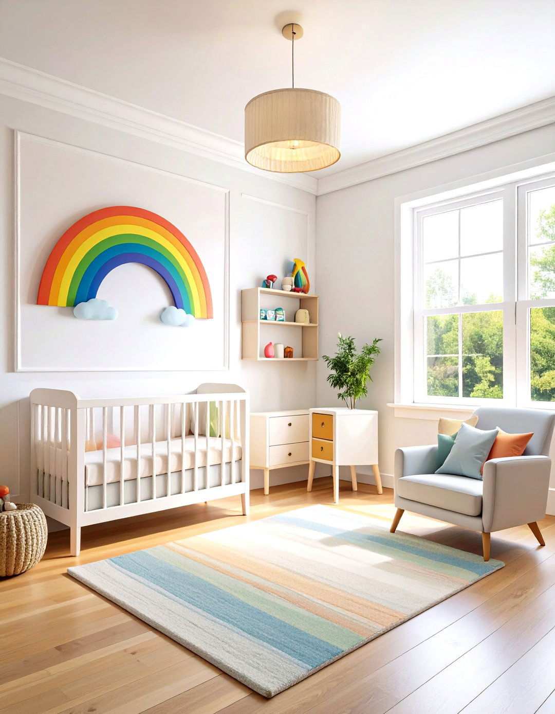White Picture Frame Wainscoting with Rainbow Theme - 24 Wainscoting Nursery Ideas