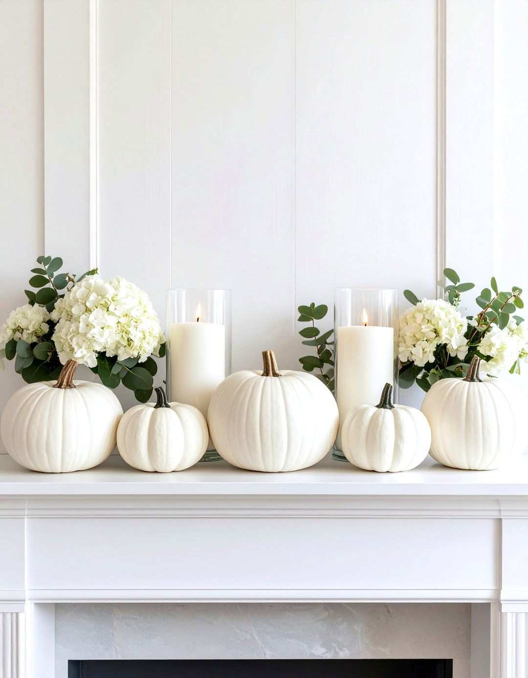 White Pumpkin Mantel Display - 24 Pumpkin Decor Ideas