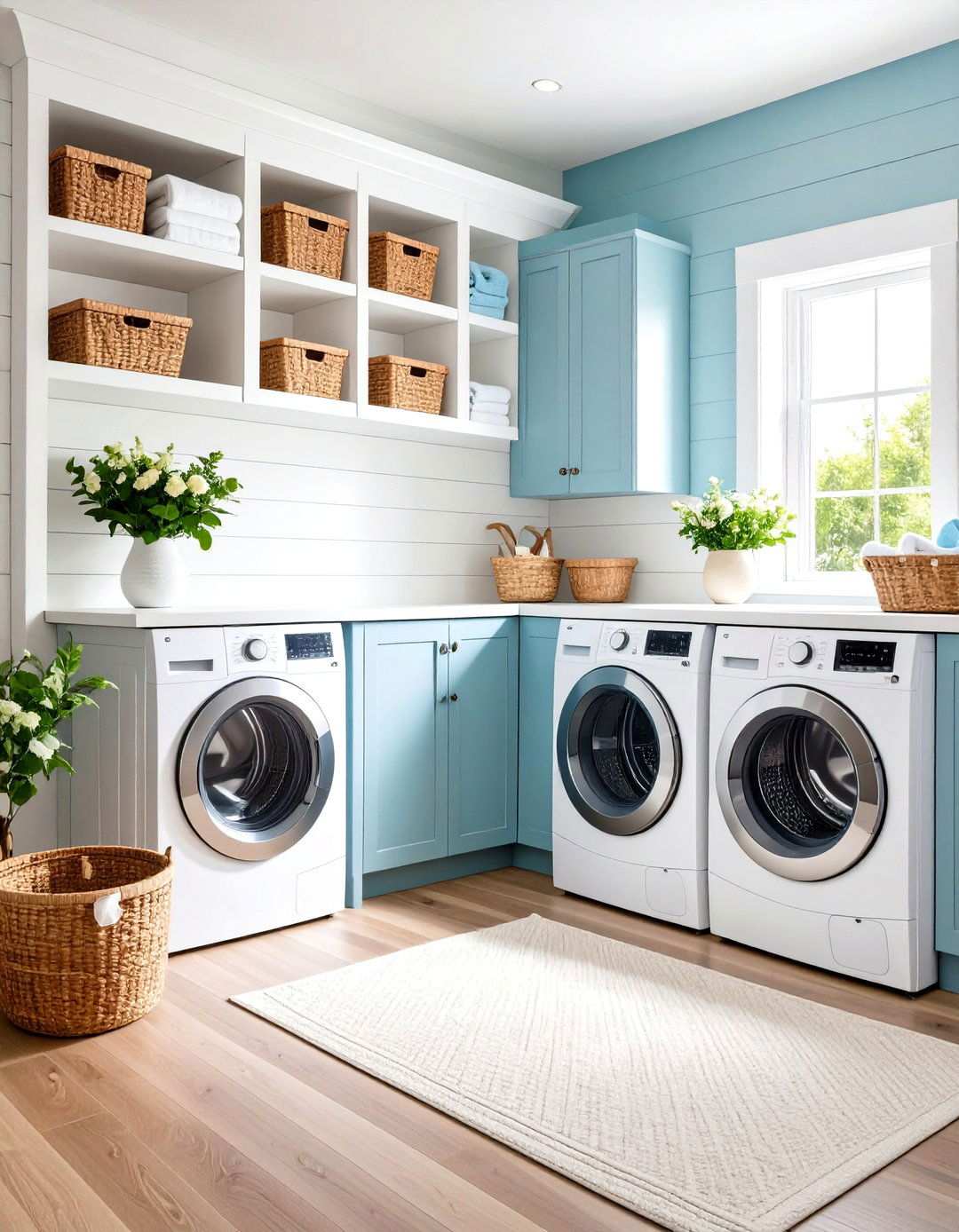 White Shiplap with Built in Storage Cubbies - 24 Shiplap Laundry Room Ideas