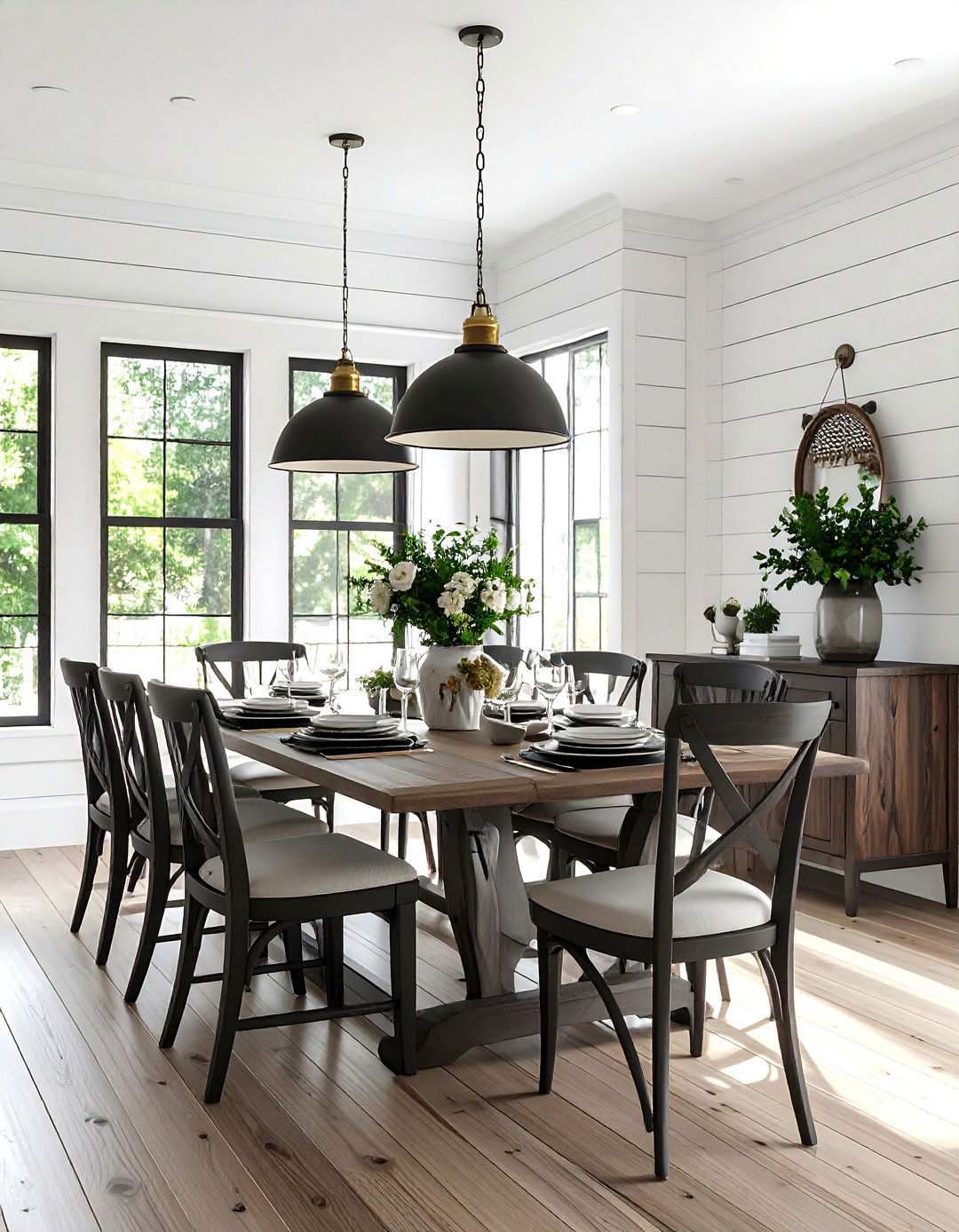 White Shiplap with Dark Wood Trim - 24 Shiplap Dining Room Wall Ideas