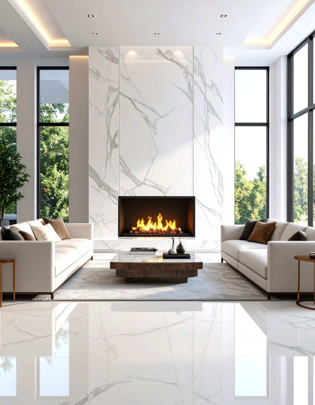 White Stone Bookmatched Slab Design - 24 White Stone Fireplace Ideas