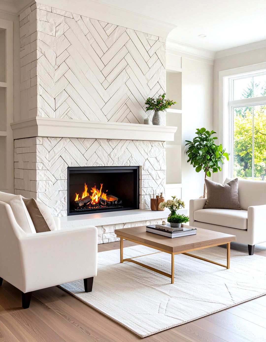 White Stone Herringbone Pattern Design - 24 White Stone Fireplace Ideas