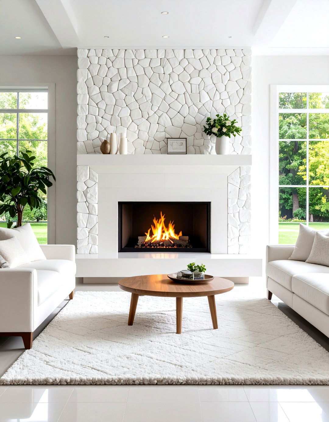White Stone Mosaic Pattern Design - 24 White Stone Fireplace Ideas