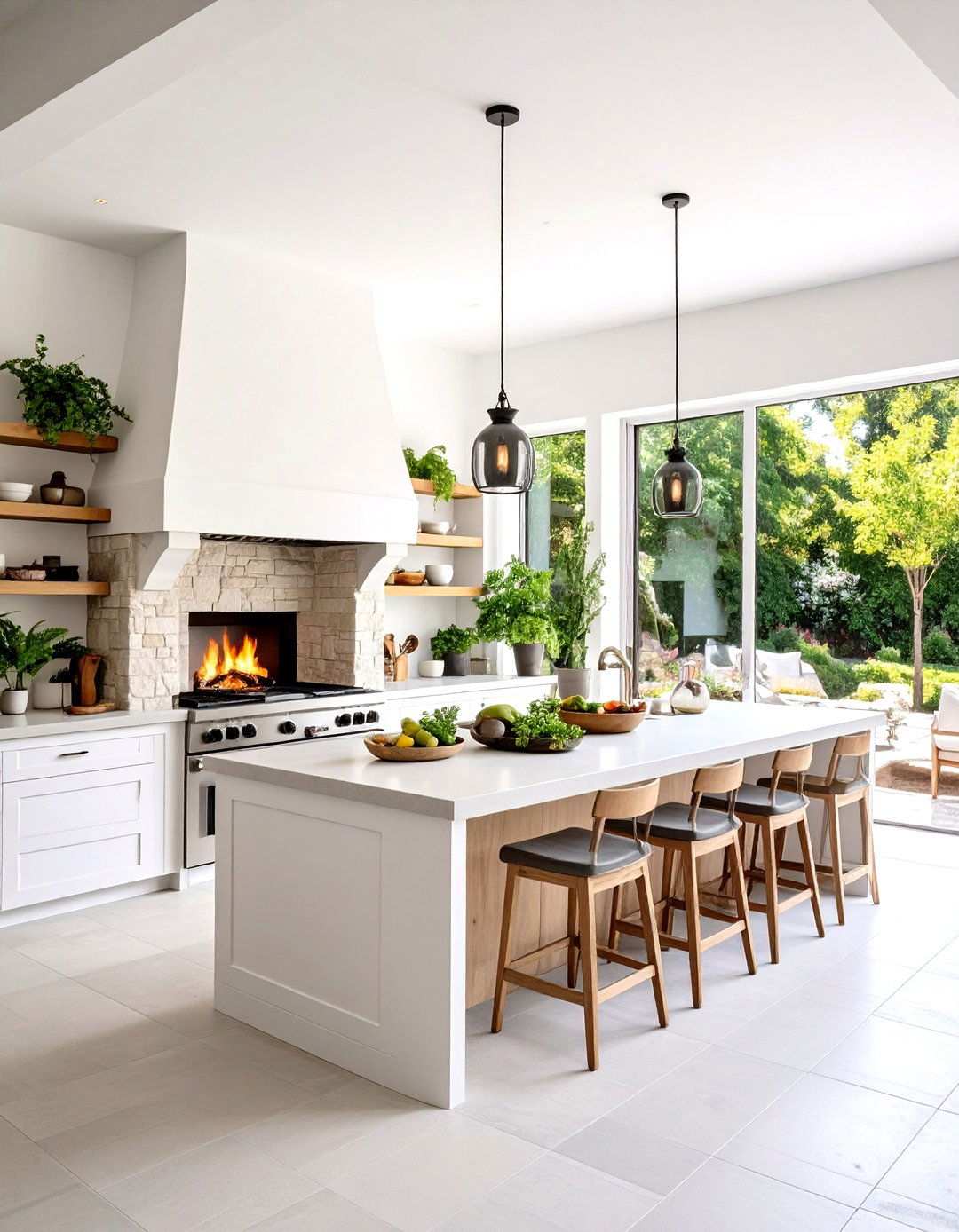 White Stucco Kitchen with Natural Stone Hearth - 24 Stucco Outdoor Kitchen Ideas