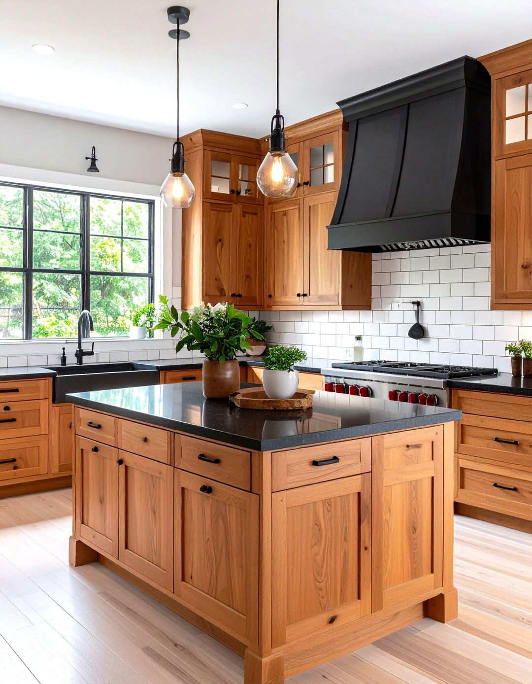 White Subway Tile Backsplash with Brown Cabinets - 24 kitchen with brown cabinets and black countertops ideas
