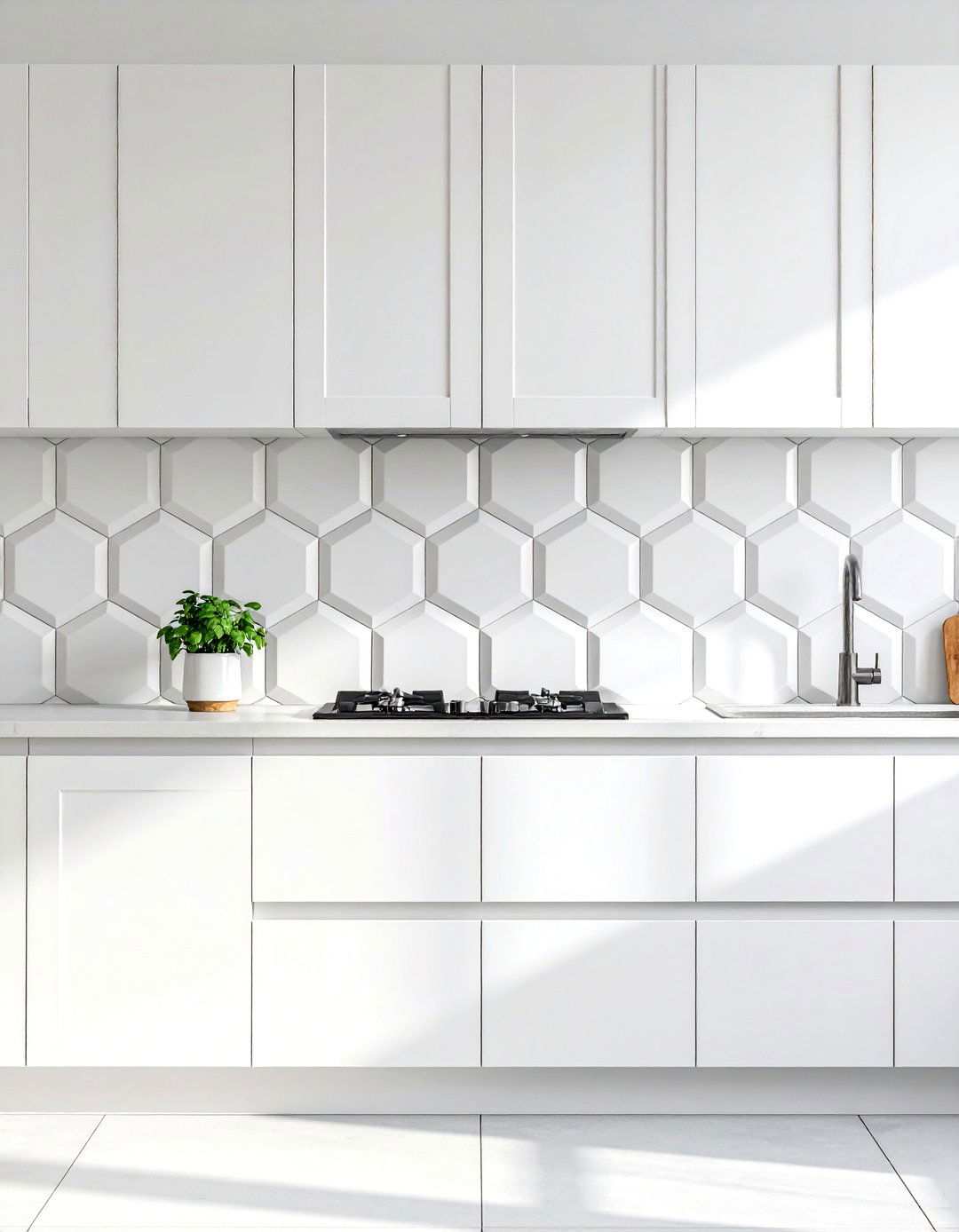 White Textured D Tiles - 24 White Kitchen Backsplash Ideas