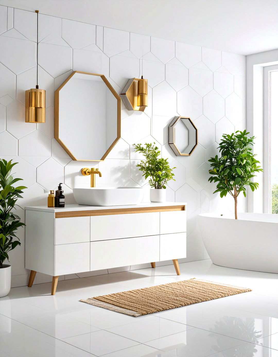 White Tile Geometric Feature Walls - 24 White Tile Bathroom Ideas