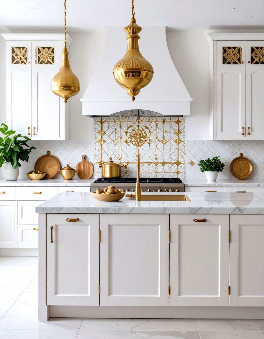 White Zellige Tiles with Gold Metallic Glazed Finish - 24 White and Gold Kitchen Backsplash Ideas