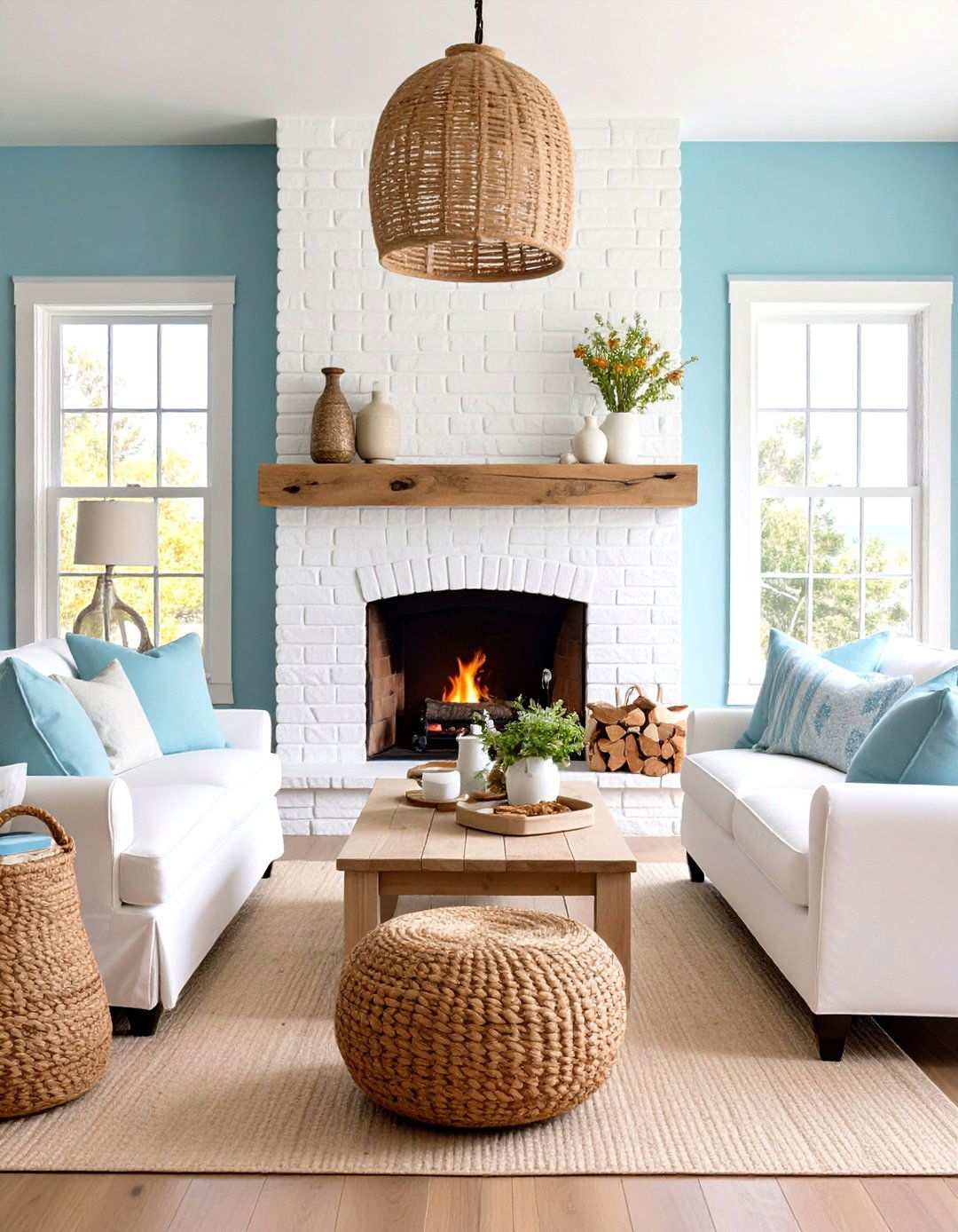 Whitewashed Brick Coastal Living Space - 24 Rustic Living Room With a Brick Fireplace Ideas