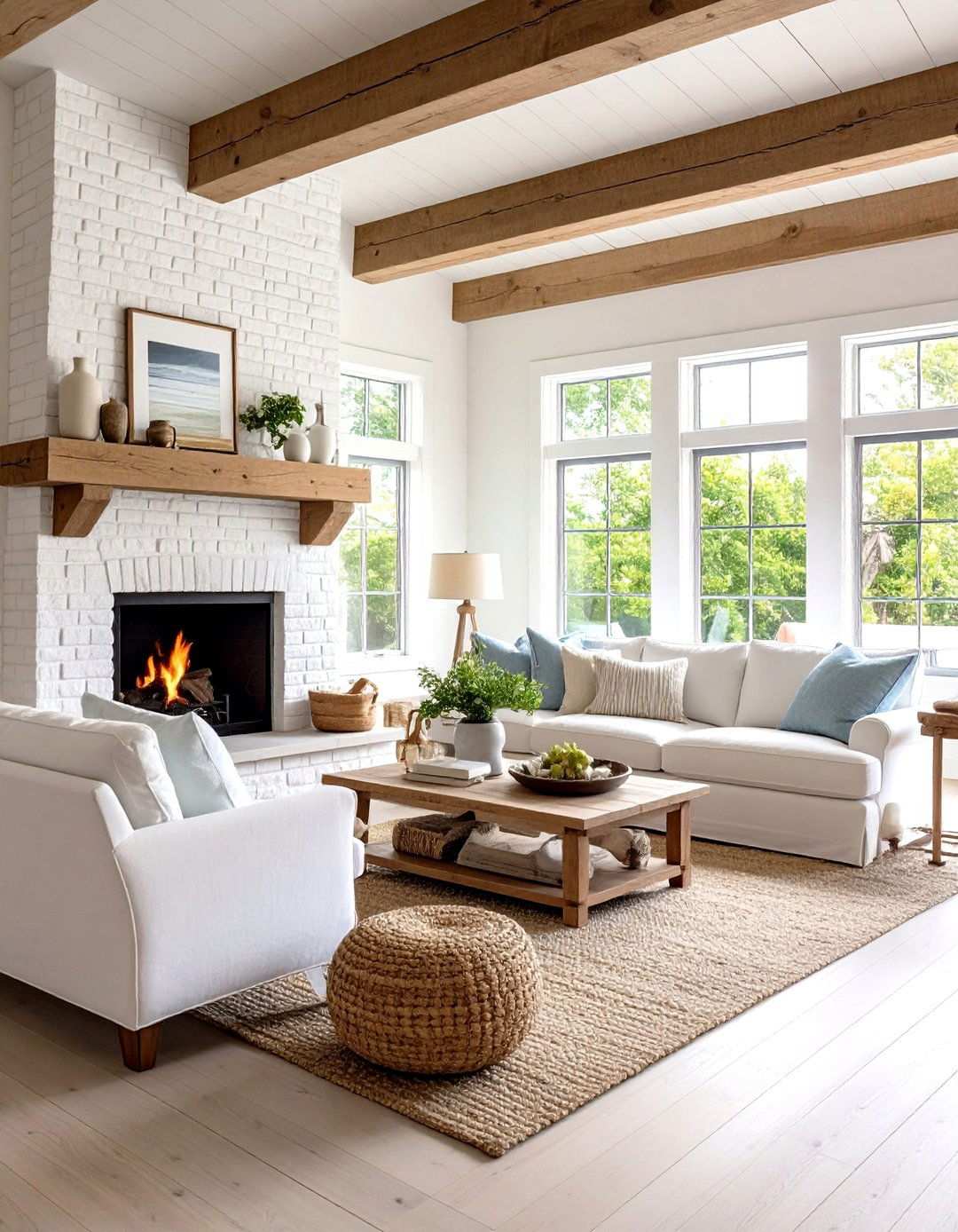 Whitewashed Brick Fireplace With Beamed Ceiling - 24 Rooms With Fireplaces With Vaulted Ceilings Features