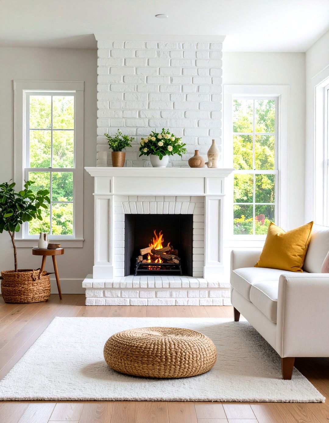 Whitewashed Brick Fireplace with Natural Texture - 24 White Brick Fireplace Ideas