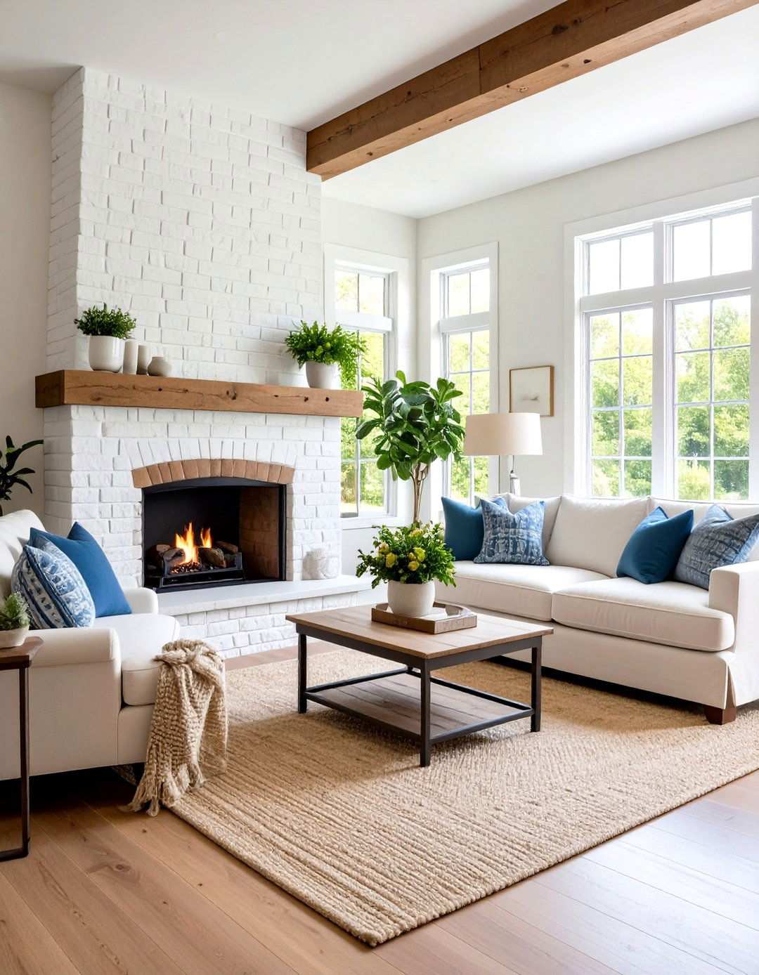 Whitewashed Brick Fireplace with Timber Accents - 24 Rustic Brick Fireplace Ideas