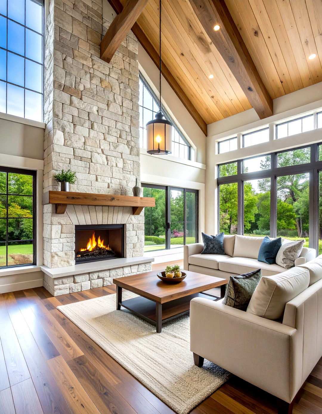 Whitewashed Stone with Vaulted Ceiling Integration - 24 Two-story Fireplace Ideas