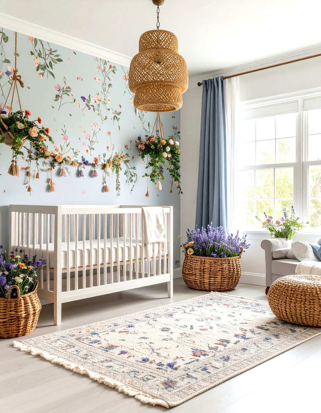Wildflower Meadow Nursery with Pastel Botanical Wallpaper - 24 Nursery Garden Ideas