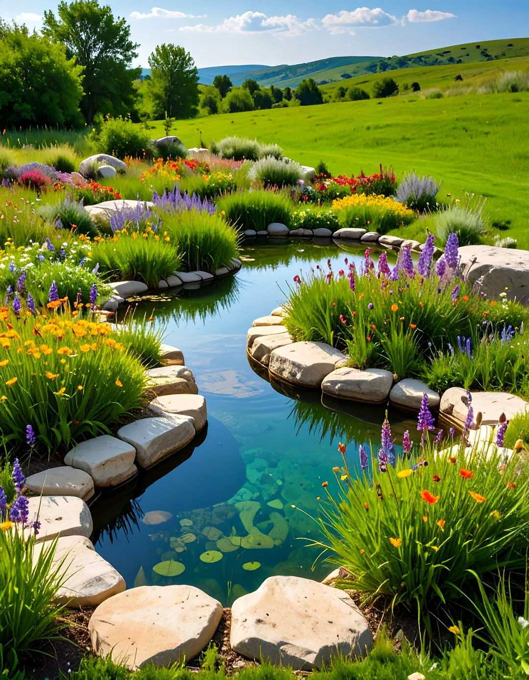Wildflower Meadow Pond Setting - 24 Pond Landscaping Ideas