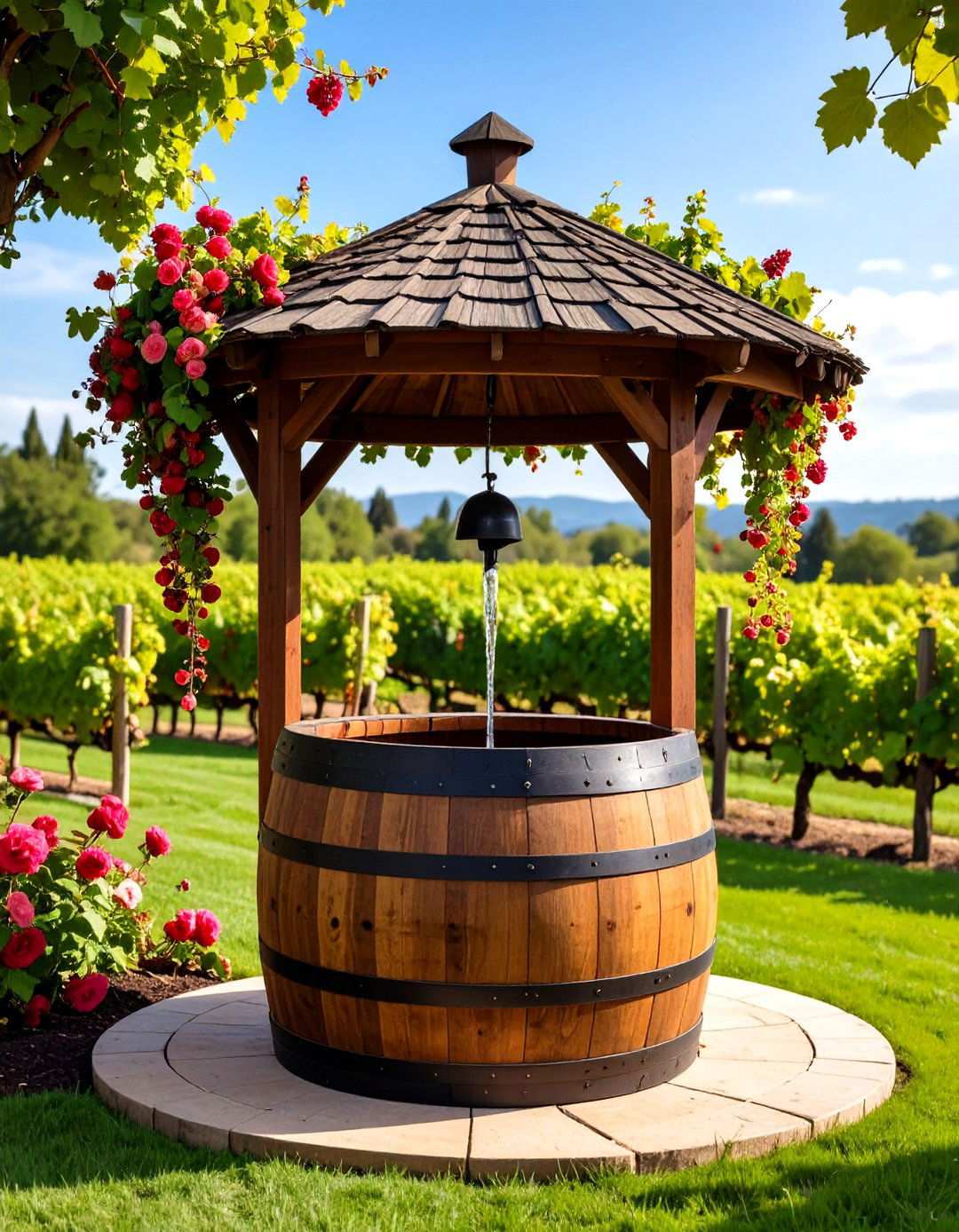Wine Barrel Wishing Well with Vineyard Theme - 24 Outdoor Wishing Well Garden Ideas